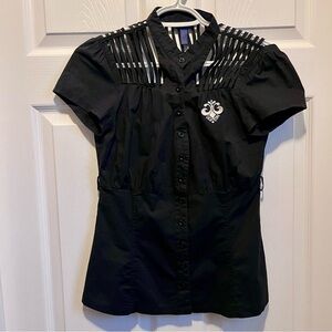 Dereon Top Blouse Black Small Women short sleeve open shoulder goth grunge